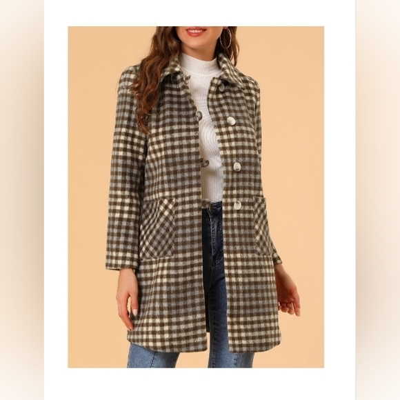 Allegra K Women's Casual Plaid Turn Down Collar Mid Length Woolen Overcoat Coffe - Picture 5 of 9